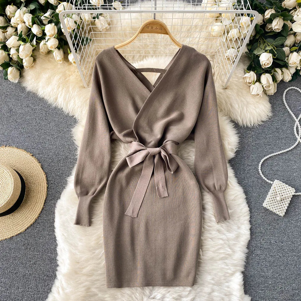 YuooMuoo Women Dress 2025 Autumn Winter Elegant Sash Bandage Bodycon Mini Dress Chic Fashion Y2K Knitted Ladies Dresses Party