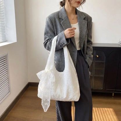 With Silk Scarf Floral Print Lace Handbag Lightweight Versatile Embroidery Lace Shoulder Bag Canvas Korean Style Tote Bag