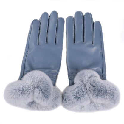 BOONJOVIA Elegant Women's Winter Warm Genuine Leather Gloves With Rex Rabbit Fur Trim Cuffs Velvet Lined