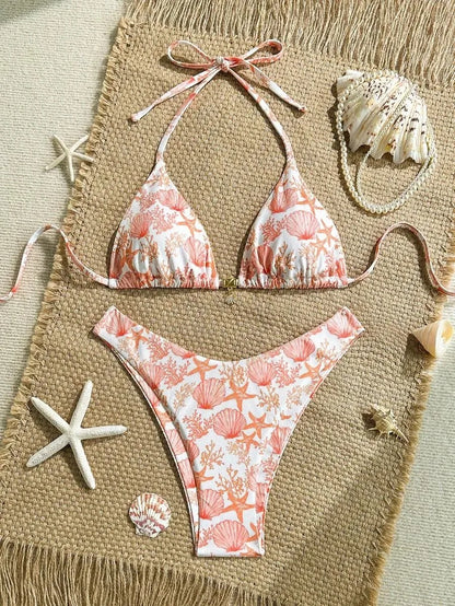 New Sexy Lace Up Neck Starfish Print Set Swimsuit Bikini Low Waist Bikinis Swimwear Beach Swimsuit Swimwear