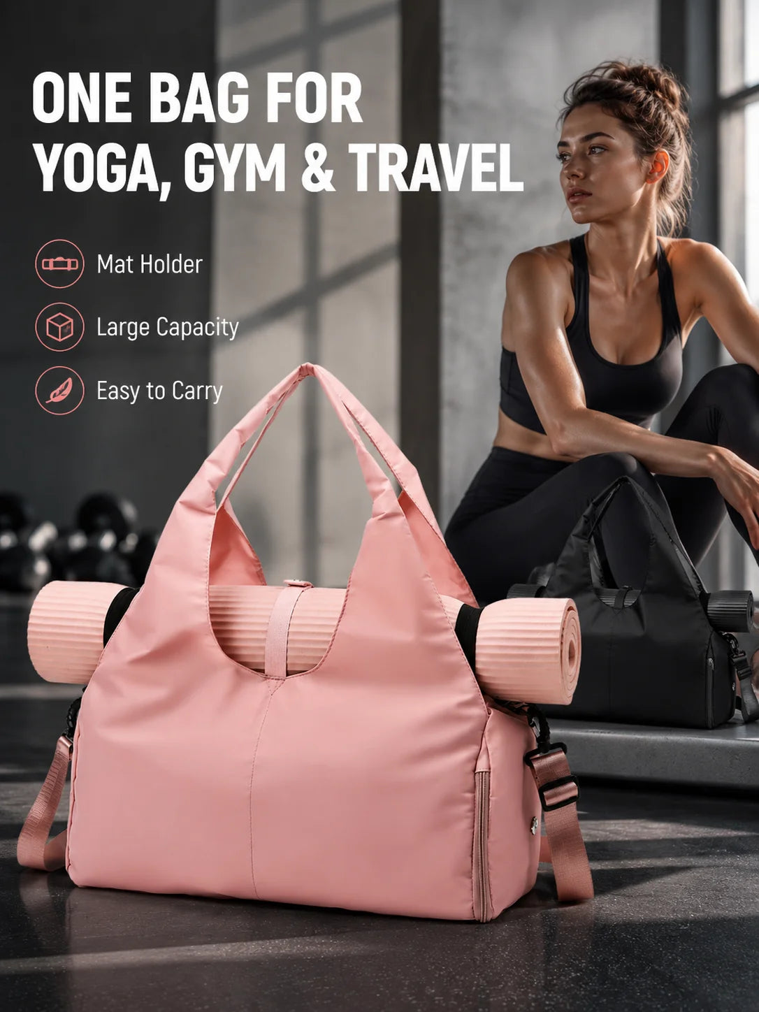 Yoga Mat Tote Bag with Mat Holder, Large Capacity Oxford Fabric Gym Bag with Adjustable Shoulder Strap for Women