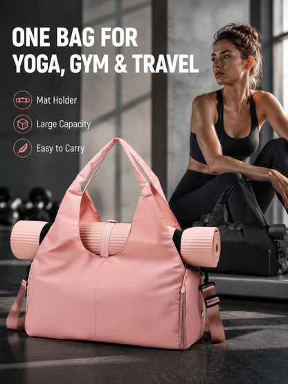 Yoga Mat Tote Bag with Mat Holder, Large Capacity Oxford Fabric Gym Bag with Adjustable Shoulder Strap for Women
