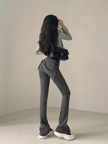 2024 Y2K High Waist Jeans Women Spring Sexy Hot Girl Casual Peach Love Pocket Flare Pants Female Bodycon Korean Denim Trousers