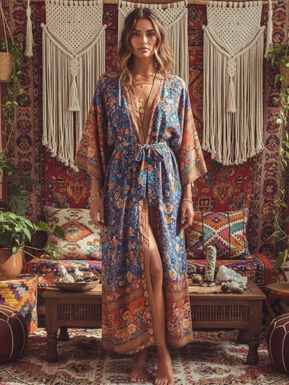 Vintage Chic Women Multi Floral Print Sashes Beach Bohemian Kimono Ladies V Neck Batwing Sleeves Maxi Robe Boho Bikini Cover-ups