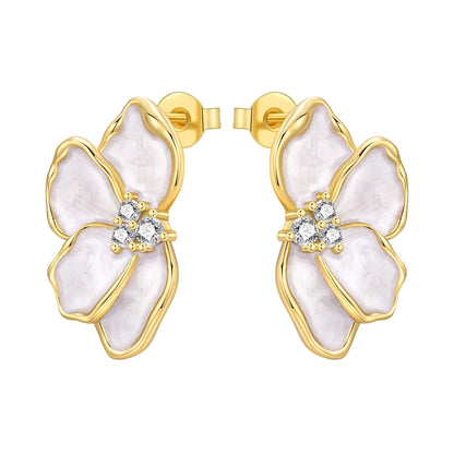 Original 925 Sterling Silver Fashion Zircon 18K Golden Petal Stud Earrings for Women Birthday Party Accessories Gifts Jewellery