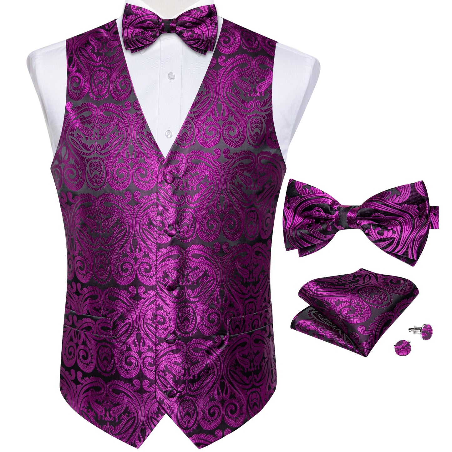 Men's Suit Vest Black Paisley Solid Red Grey Wedding Prom Luxury Waistcoat with Bow Tie Handkerchief Cufflinks Men Clothing