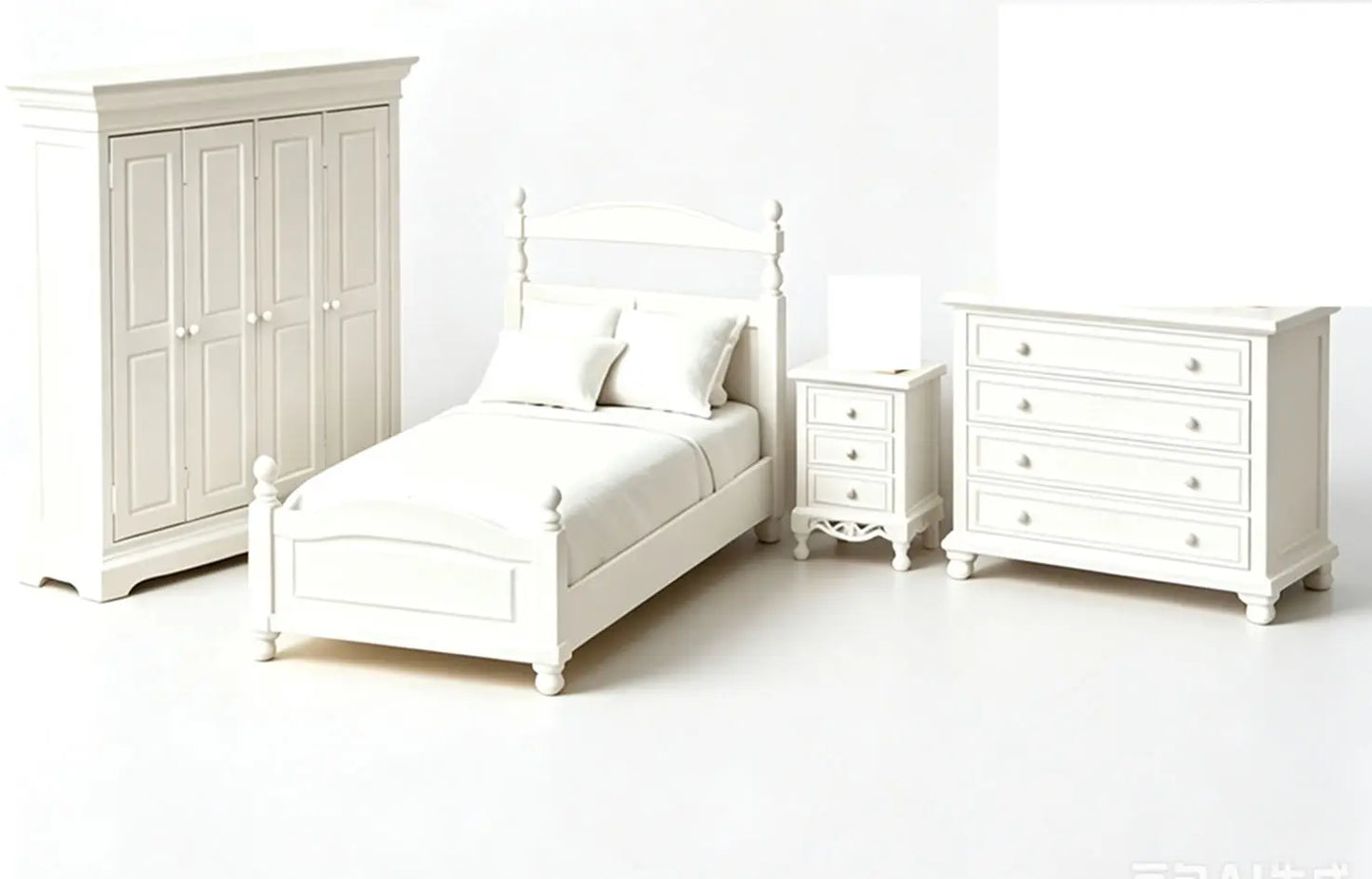 All White Bedroom Furniture Set, Dollhouse Mini Bed Wardrobe Dresser Nightstand Kit, Classic Bedroom Prop for OB11DioramaLayout