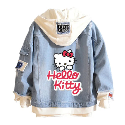 Anime Sanrio Denim Bomber Jacket Hello Kitty Hooded Jeans Sweatshirt Unisex Ripped Hole Cosplay Hoodie Long-Sleeved Denim Jacket