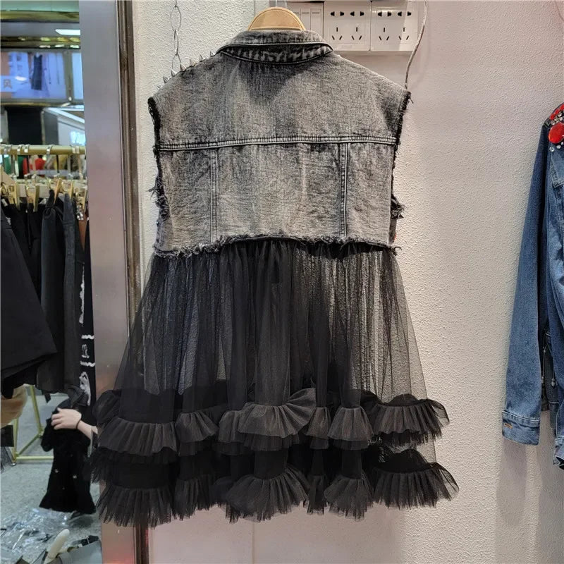 Women Rainbow Color Diamonds Beaded Mesh Ruffles Splice Jeans Jacket Multi-layers Mesh Rhinestone Denim Vests Cardigan Tank Tops