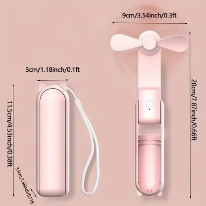 Pink Portable Mini Fan USB Rechargeable 3Speed Adjustable Foldable Handheld Fan Suitable for Women Travel Outdoor Use Power Bank