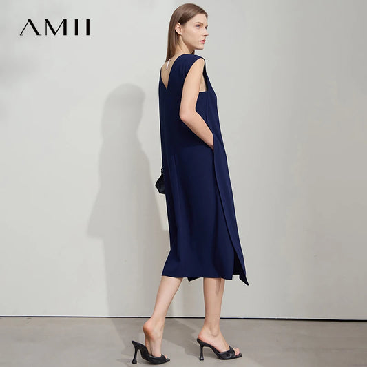 AMII Minimalist Office Lady Dress Women Summer 2025 Sleeveless Solid Round Neck Loose Chiffon Dresses Female Fashion 12522075