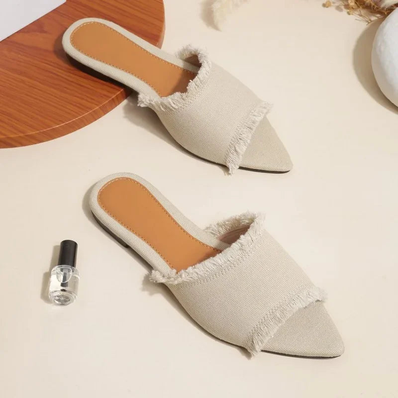 Women Flats Cowboy Slippers Fashion Beach Dress Shoes  Summer Femme Pointed Toe Flip Flops New Casual Slides Zapatos Mujer