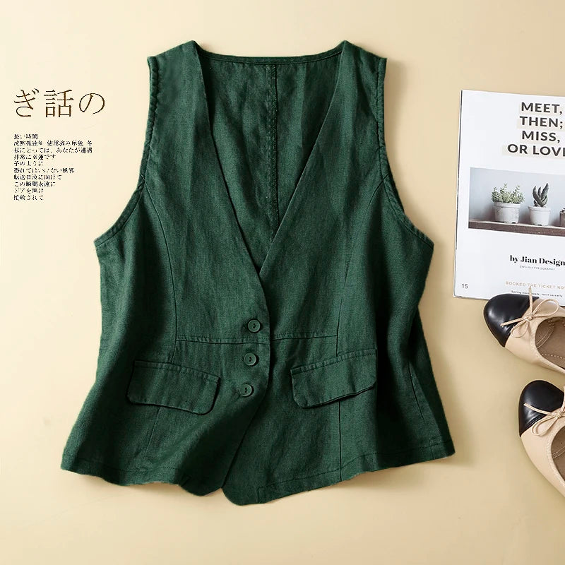 TingYiLi Cotton Linen Sleeveless Jacket For Women Summer V-neck White Khaki Green Black Vest Korean Style Waistcoat Cardigan