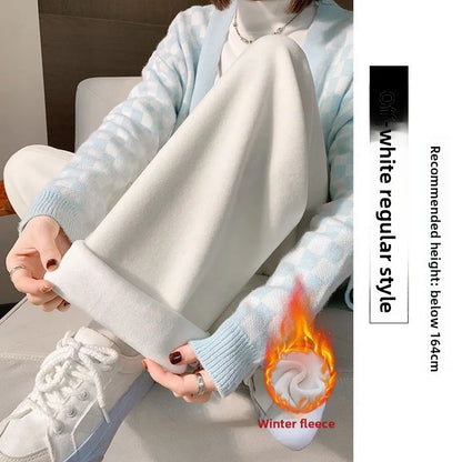 2025Hot Fleece Woman Pants Winter Elastic Waist Warm Leggings Solid Casual Thicken High Waist Straight Comfort Wide Leg Trousers