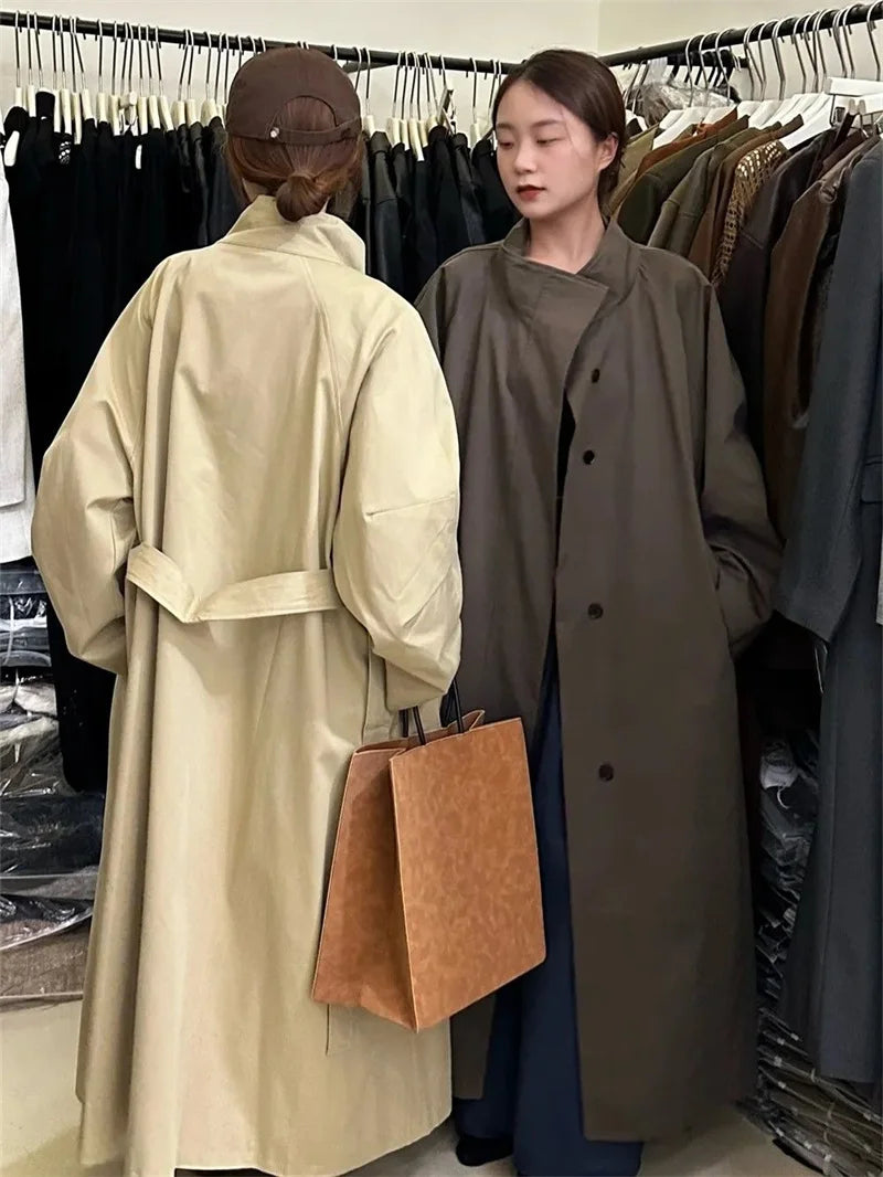 2025 Korea Casual Long Women Trench Coat Autumn Winter Turn Down Collar Female Windbreaker Overcoat With Belt