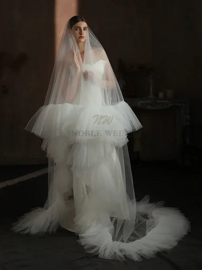 Two Layer Wedding Veil Ruffled Edge Tulle Bridal Veil With Comb Fluffy Bride Veils Cover Face Veil Customized