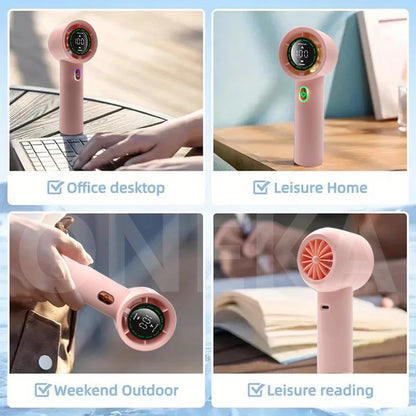Portable handheld fan, 4 trendy colors, delivers refreshing cool breeze, stylish and versatile, with long-lasting battery life.