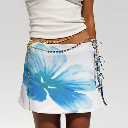 Multi-wear style Floral Print Mini Skirt Crop Tops Women Slim Low Waist Side Split Tie-Up Bodycon Skirt Y2K Vintage Streetwear