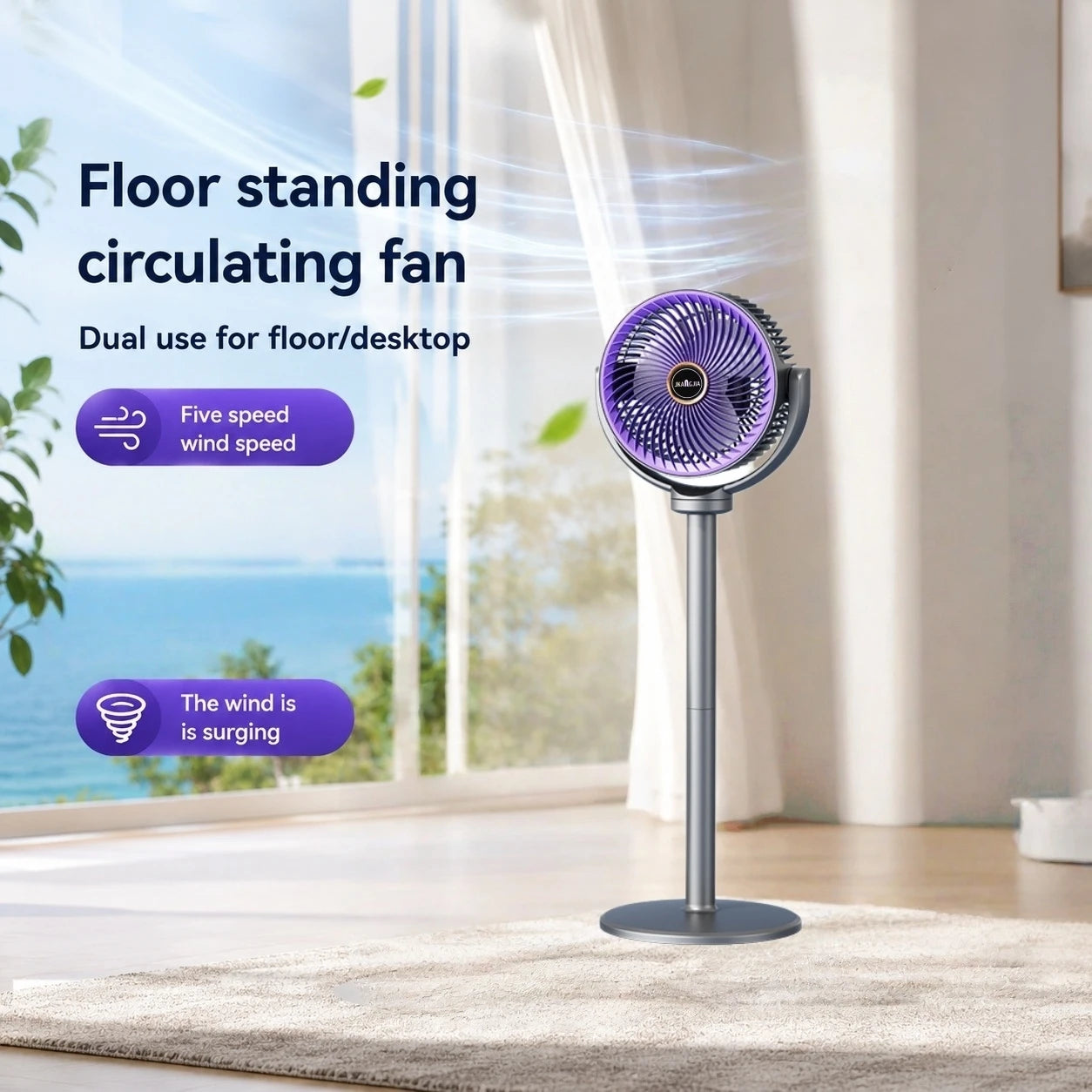 3-in-1 Modern Air Circulator Fan 5 Speeds 4 Heights Quiet Portable Pedestal Stand Fan USB-C for Home Bedroom Office RV Camping