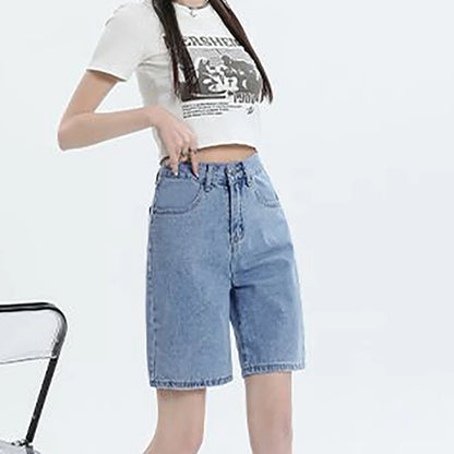 High Waist Wide Leg Five Inch Denim orts Women's Hip Covering Loose Straight Cut Student 5 Point mid Pants Retro Sle