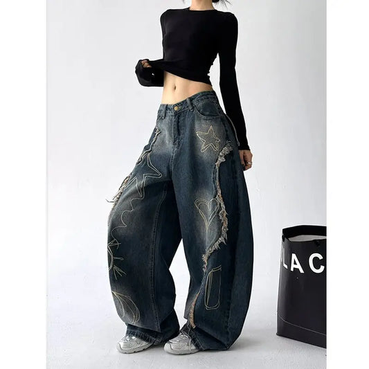 American Washing Embroidery Pattern Printing Machete Jeans Women Y2K New Street Hiphop Handsome Casual Joker Wide-leg Pants