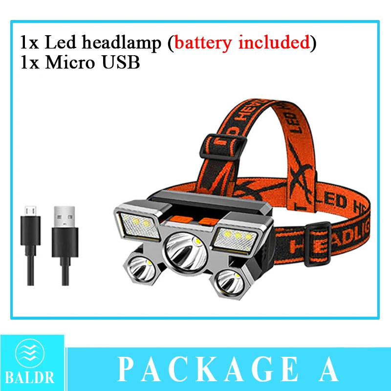 5 LED USB Rechargeable Headlamp 18650 Built in Battery Headlight Portable Head Flashlight Working Light Fishing Camping Lantern
