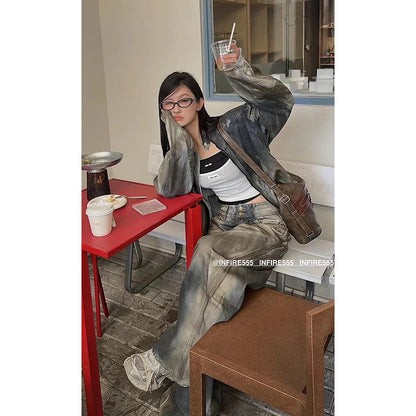 2024 Retro Wide Leg Jeans girl Women Autumn Winter Y2K American Casual High Waist Loose Look Slimming Straight Leg Dragging