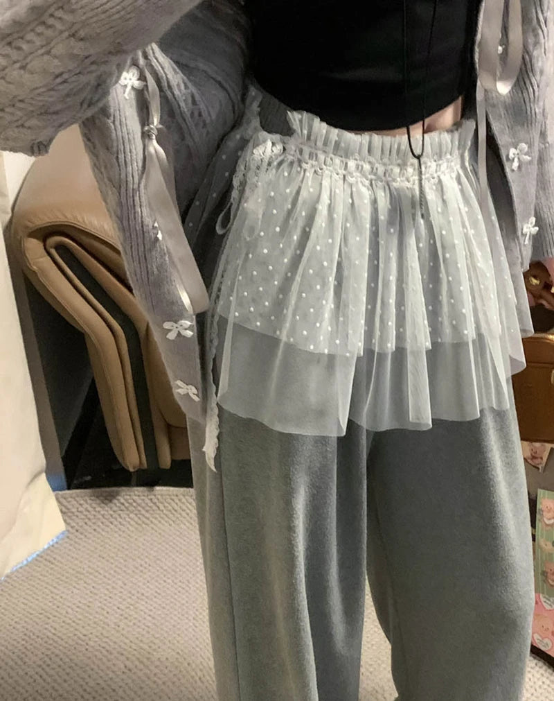 Women High Waist A-Line Flounce Short Skirt Butt Curtain Y2K Streetwear Layered Half Skirt Lace Trim Bottom Cover Skirt Fake Hem