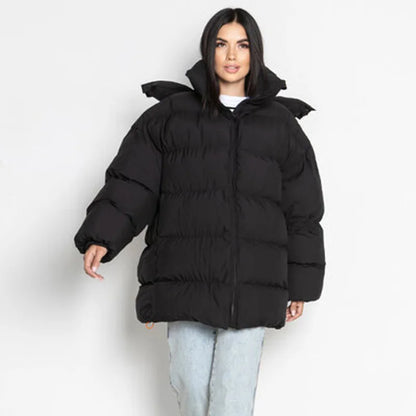Winter Warm Hooded Cotton Jacket Women Fashion Standneck Zipper Long Sleeves Oversize Coats 2025 Female Chic Casual Outerwear