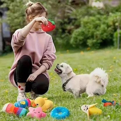 A 7-piece set of puppy sound toys, loose plush pet chewing, plush fruit snacks and vegetable puppy toys, suitable for pet play