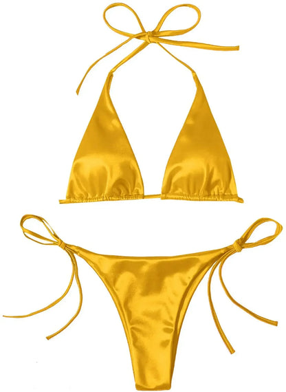 Sexy Women's Metallic Halter Top Two Piece Swimsuit Tie Side Triangle Bikini Summer Solid Bathing Suit Beachwear Bikini Set