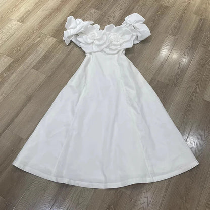 KBQ Spliced Appliques Tunic A Line Dresses for Women Slash Neck Off The Shoulder Sleeve Backless High Waist Sweet Dress Female