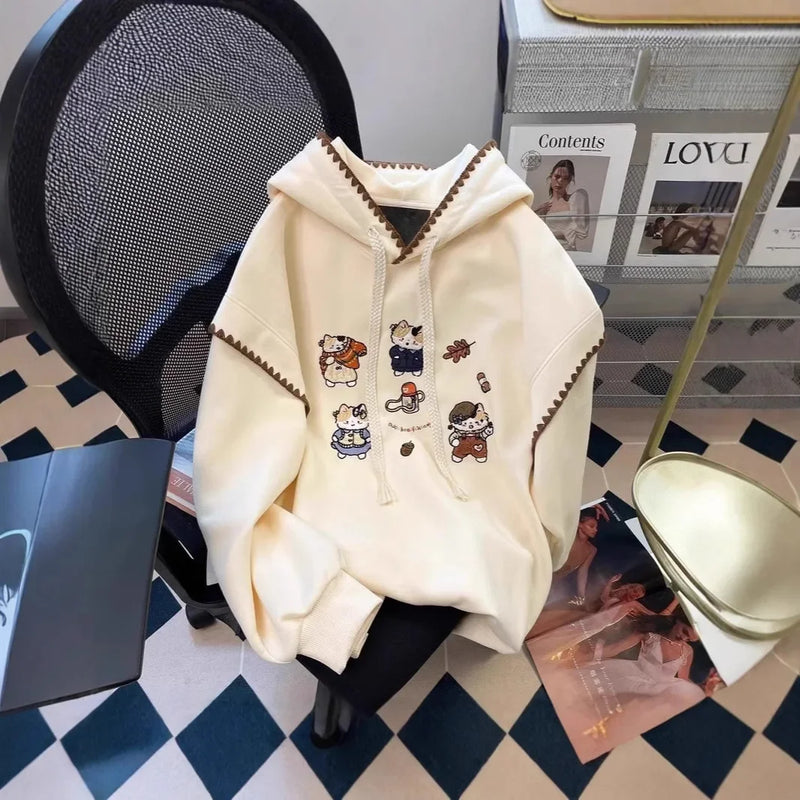 Design Sensation Small Audience Cartoon Cat Embroidery Sweatshirt Women Early Autumn Sweet Milk Cute Small Size Hooded Jacket To