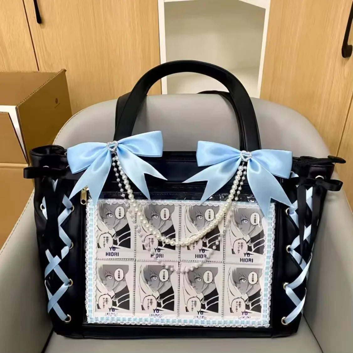 Japanese Sweet Women Ribbon Ita Bag Cute Lolita Girl Transparent Handbags Fashion Large Capacity Tote Bag Aesthetic Shoulder Bag