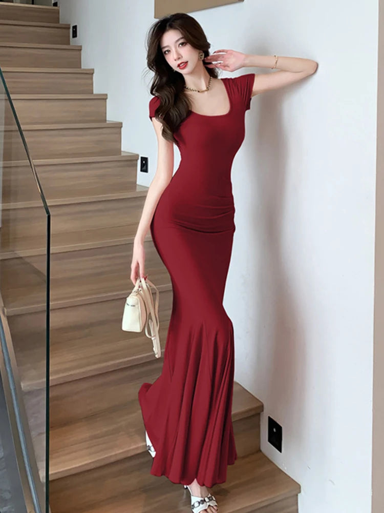 Summer Fashion Elegant Vacation Beach Mermaid Long Dress Women Clothes Sweet Short Sleeve Skinny Party Prom Vestidos Robe Femme