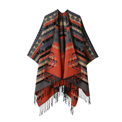 Poncho New Split Warm Shawl Vintage Ethnic Style Scarf Imitation Cashmere Tassel Women Cape Lady Cloak Warm Coat Khaki