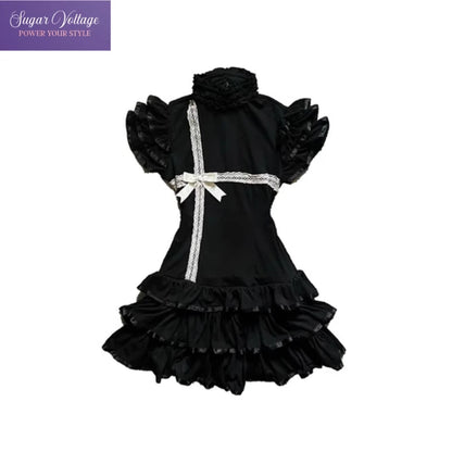Y2K Japanese E-girl Gothic Vintage Half High Neck Short Sleeved Bow Lace Dress Cinched Waist Cool Girl Black Streetwear Dress