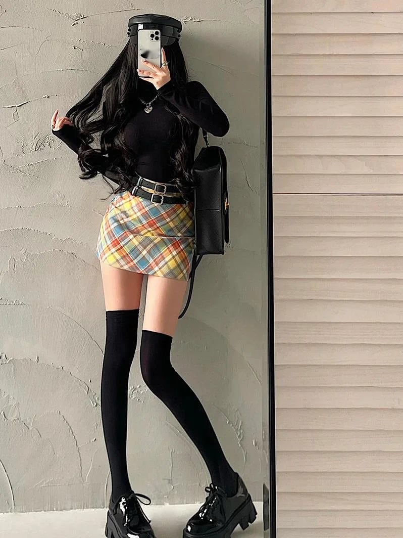 WOMENGAGA Fashion Women Mini Skirts High Waist Slim Double Waistband Plaid Skirt Hip Short Skirt Sweet Spice Girls A8P1