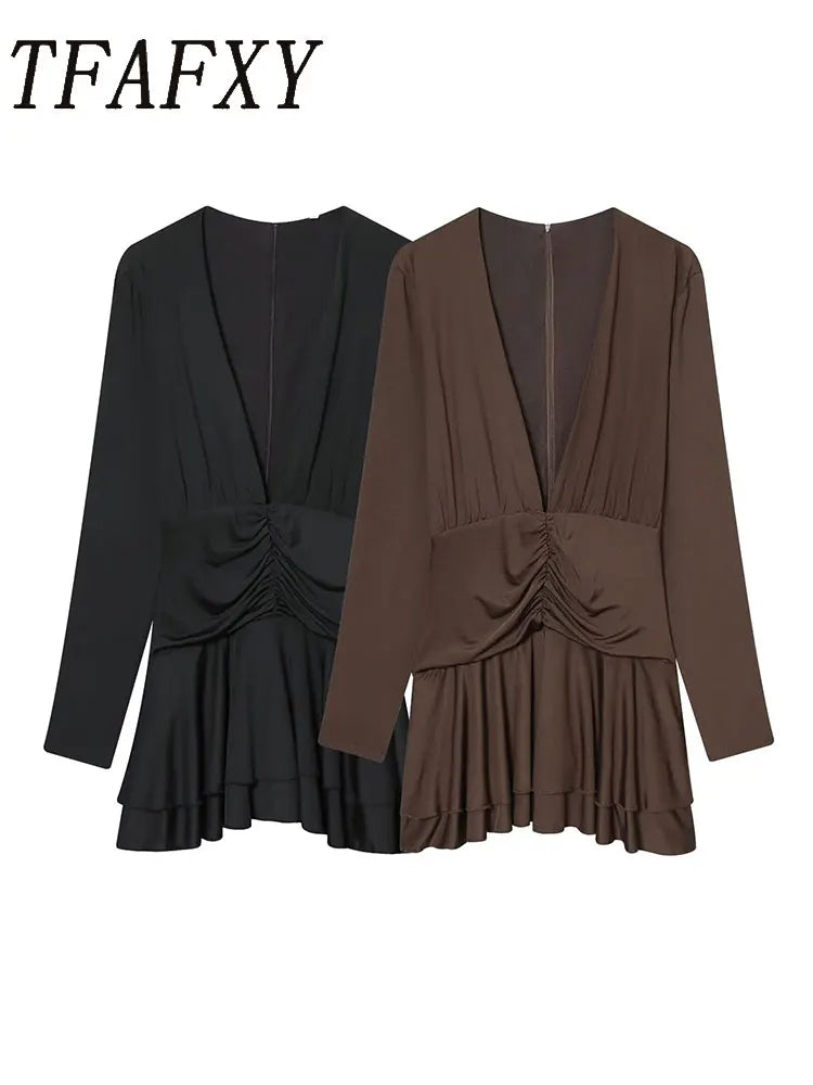 TFAFXY Women's Fashion Dress 2025 Autumn New Solid Pleated Long Sleeves Dress Women Hight Street Party Dress