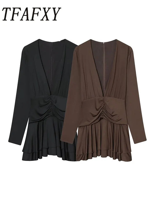 TFAFXY Women's Fashion Dress 2025 Autumn New Solid Pleated Long Sleeves Dress Women Hight Street Party Dress