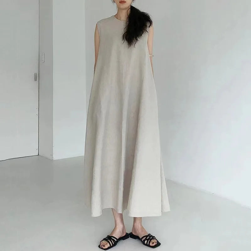 2022 Minimalist Chic Loose Swing Sleeveless Mid-length Casual Cotton Linen Long Dress  Round Neck High Waist Women Runway Dress