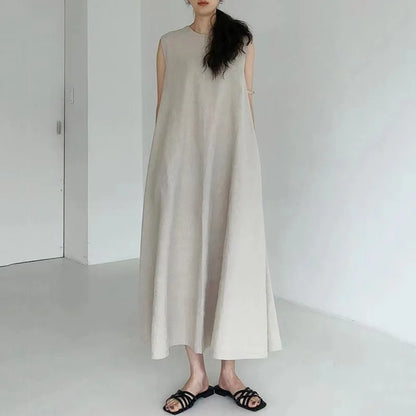 2022 Minimalist Chic Loose Swing Sleeveless Mid-length Casual Cotton Linen Long Dress  Round Neck High Waist Women Runway Dress