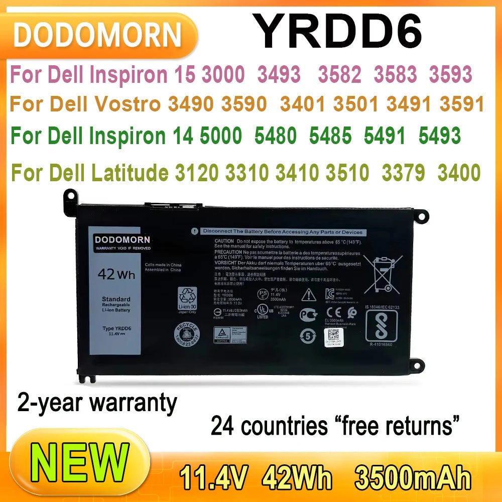 New YRDD6 Laptop Battery For Dell Inspiron 15 3000 3493 3582 3583 3593 Series High Quality 11.4V 42WH Fast Delivery 1VX1H VM732