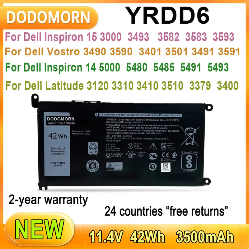 New YRDD6 Laptop Battery For Dell Inspiron 15 3000 3493 3582 3583 3593 Series High Quality 11.4V 42WH Fast Delivery 1VX1H VM732