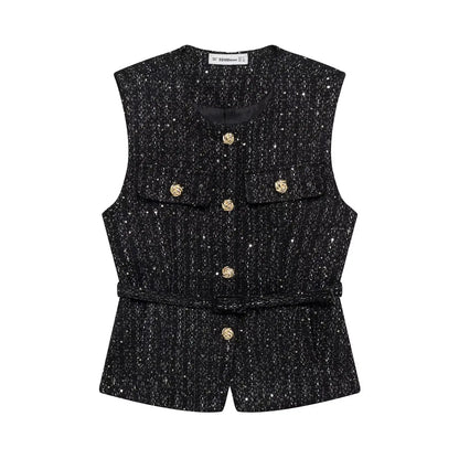 HH 2025 Elegant Women's Texture Belt Waistcoat Summer O-Neck Sleeveless Buttons Vest Jacket Female Slim Commuter Vest Tops
