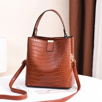 Vintage Stone Leather Handbag Shoulder Crossbody Bags Fashion Female Bucket Bag Large Capacity Women Tote Bag