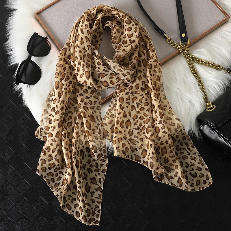 1pc Women Chiffon Classic Leopard Print Scarf Fashionable Comfortable Breathable Shawl Lightweight Headscarf Muslim HIjab Wraps