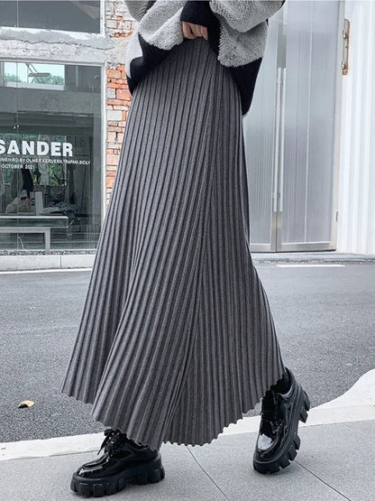 Autumn Winter Women's Long Skirt High Waist Knitted A-line Pleated Skirt Ladies Elegant Solid Gray Loose Casual Skirts for Women