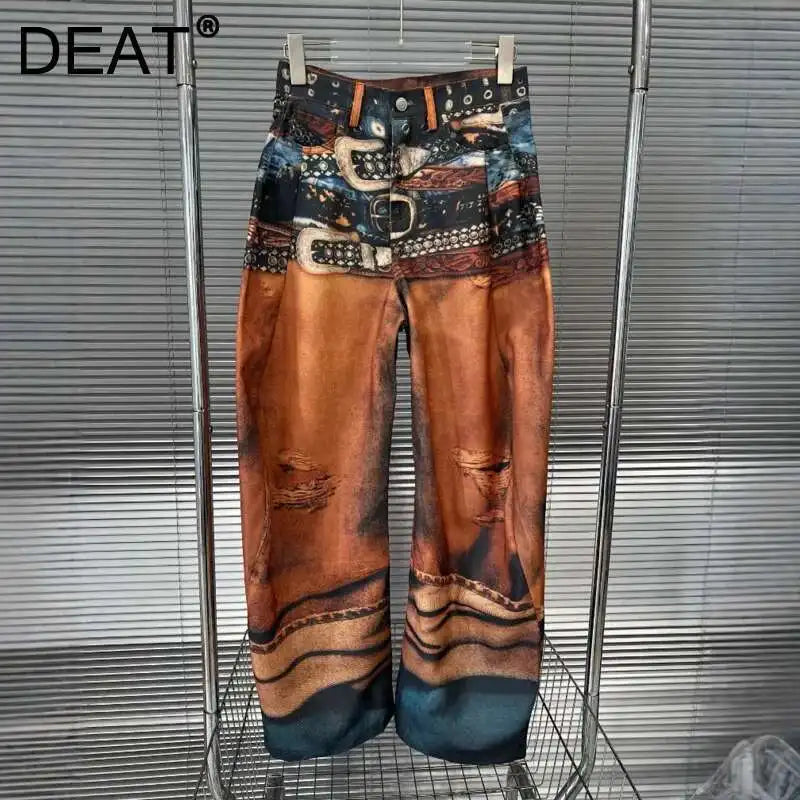 DEAT Fashion Women's 3D Printing Retro Color Painting Jeans High Waist Contrast Color Denim Pants Female Trendy New 11A03696