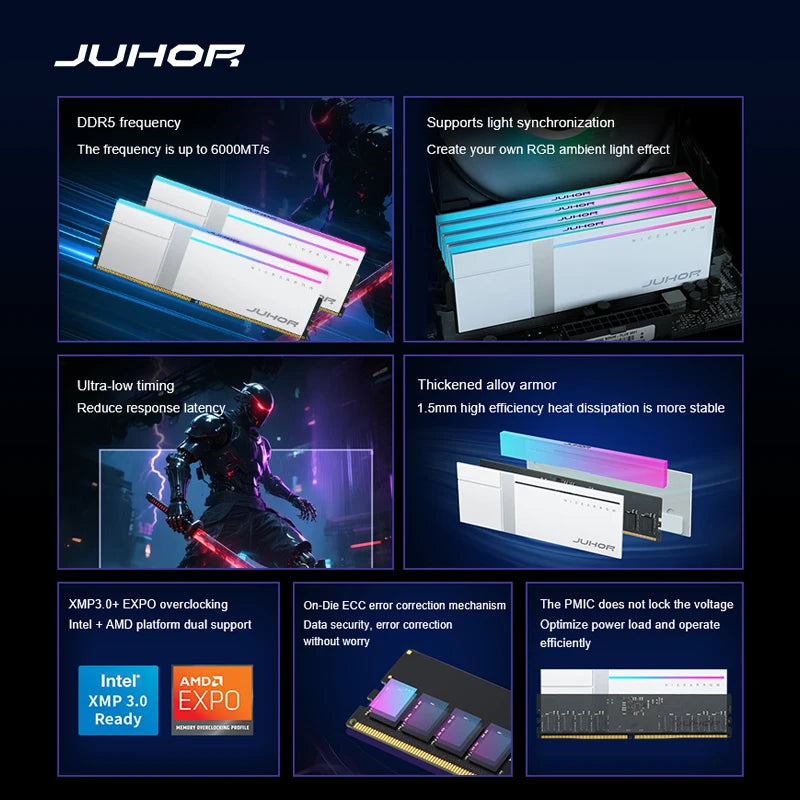JUHOR Memoria Ram DR5 RGB 16GB 6000MHz 6800MHz 7200MHz 8000MHz  DIMM Ram Dual Channel Sunning Desktop Memory Ram